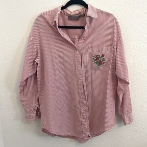 Liz Baker Sport Pink and White Striped Floral Embroidered Button Down